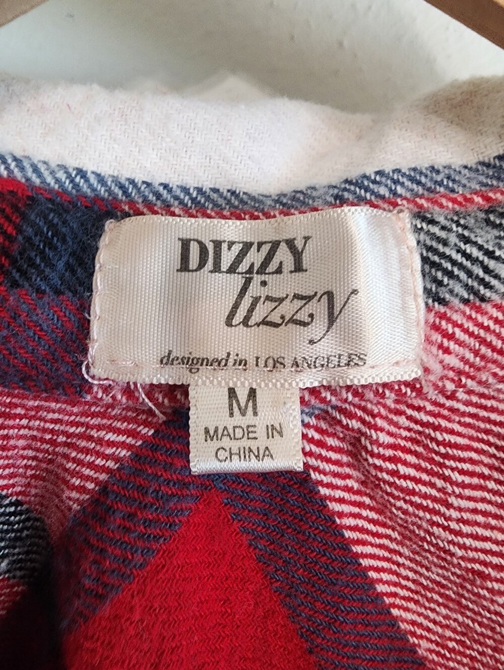 Plaid Flannel Dress Duster Button Down Long Sleeve Red White Med Dizzy Lizzy - Picture 12 of 15